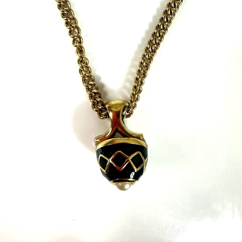 Rare Vintage Burberry Enamel Pendant Necklace Gold Chain Statement 90s